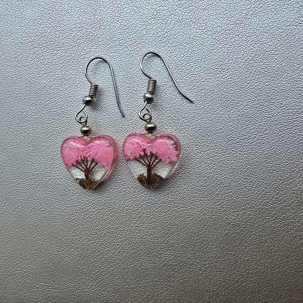 Heart-Shaped Pink Tree Earrings